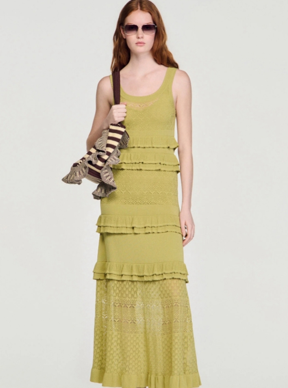🟢Sandro Olive Green Tiered Ruffle Knit Midi Dress Sleeveless Lace